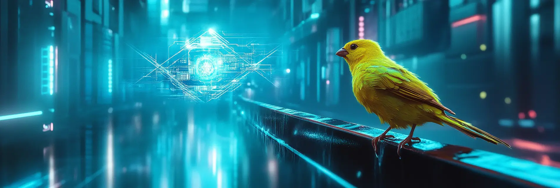 Yellow canary bird in a futuristic cyberpunk city with glowing blue holographic quantum technology interface in the background.